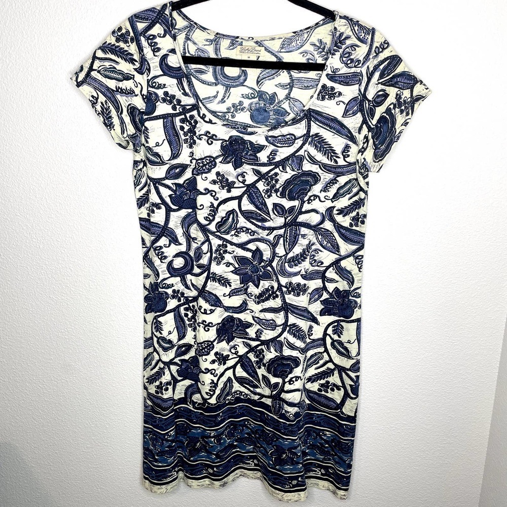 Lucky Brand Blue and White Boho Short Sleeve Flowy Mini  Dress Size Medium